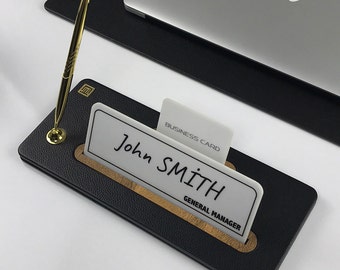 Desk Name Plate Leather Black / Desk Name Accessories / Customizable Modern Office Decor / New Business Gift / Business Card and Pen Holder