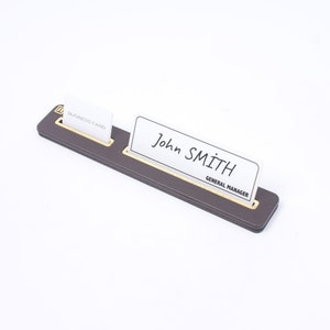 Leather Table Name Plate and Business Card Holder Brown / Office Gift / Customizable Secretary Name Plate / Minimalist Design