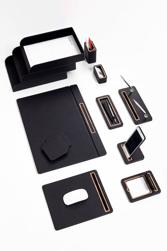 Pera Leather Desk Set / Desk Accessories / Leather Office Desk Organizer /  Business Office Gift / Leather Desk Cover Pad / Document Shelf 