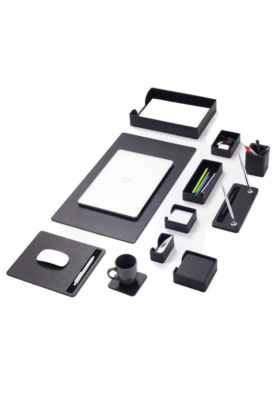 Roma Black Leather Desk Set: 11-Piece Workspace Organizer