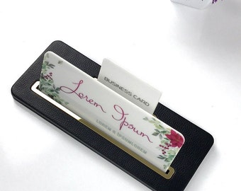 Lather Desk Name Plate Black with Card Holder / Customizable Modern Office Sign Decor / Business Gift / Personalized Office Supply