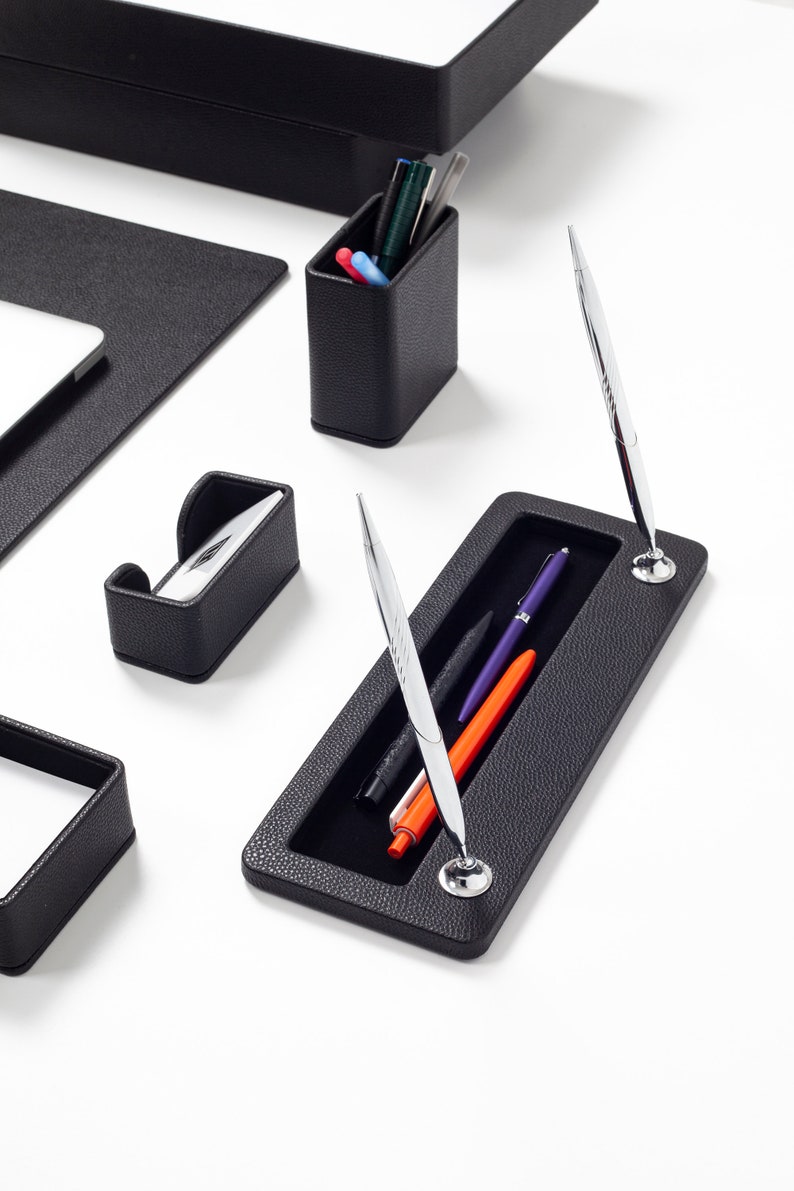 Milan Leather Desk Set Black 9 Pcs / Office Desk Organizer / Leather