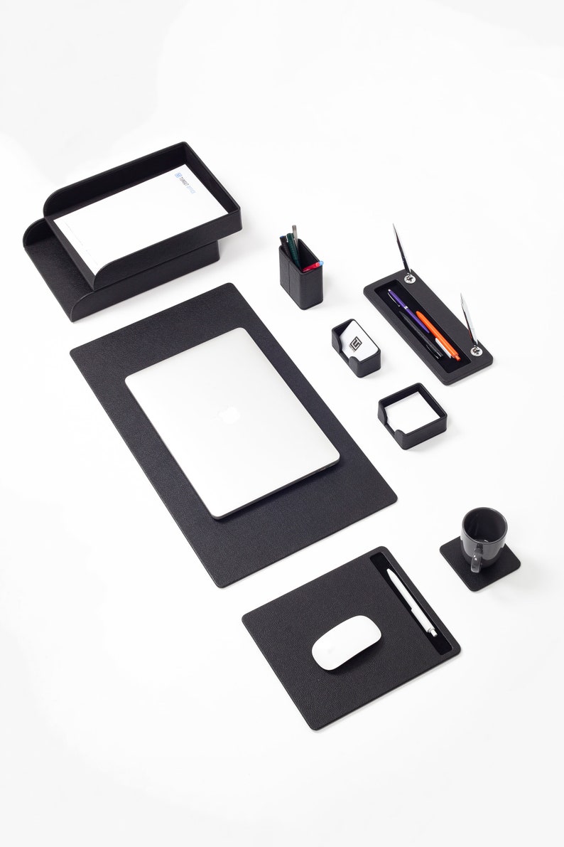 Milan Leather Desk Set Black 9 Pcs / Office Desk Organizer / Leather