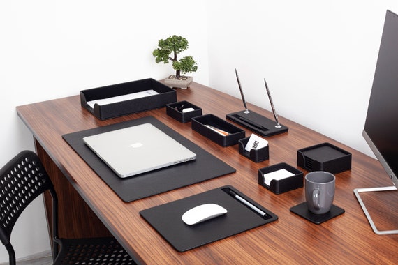 Roma Black Leather Desk Set: 10-Piece Elegant Workspace Organizer