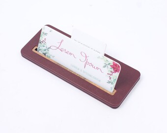 Customizable Maroon Leather Desk Name Plate with Card Holder
