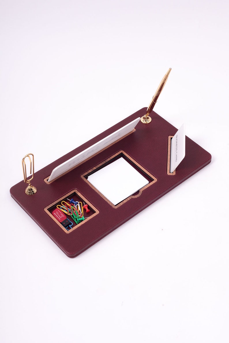 Personalized Desk Name Plate Maroon Leather Organizer Business Card