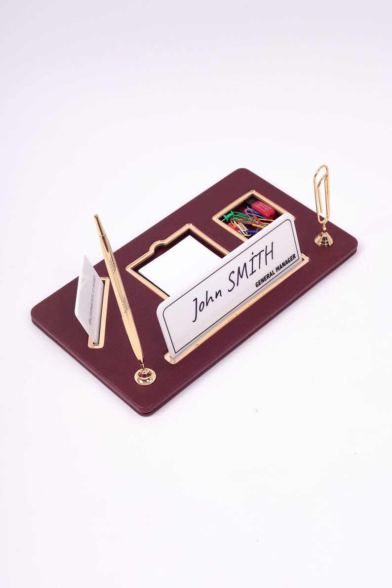 Personalized Desk Name Plate Maroon Leather Organizer Business Card