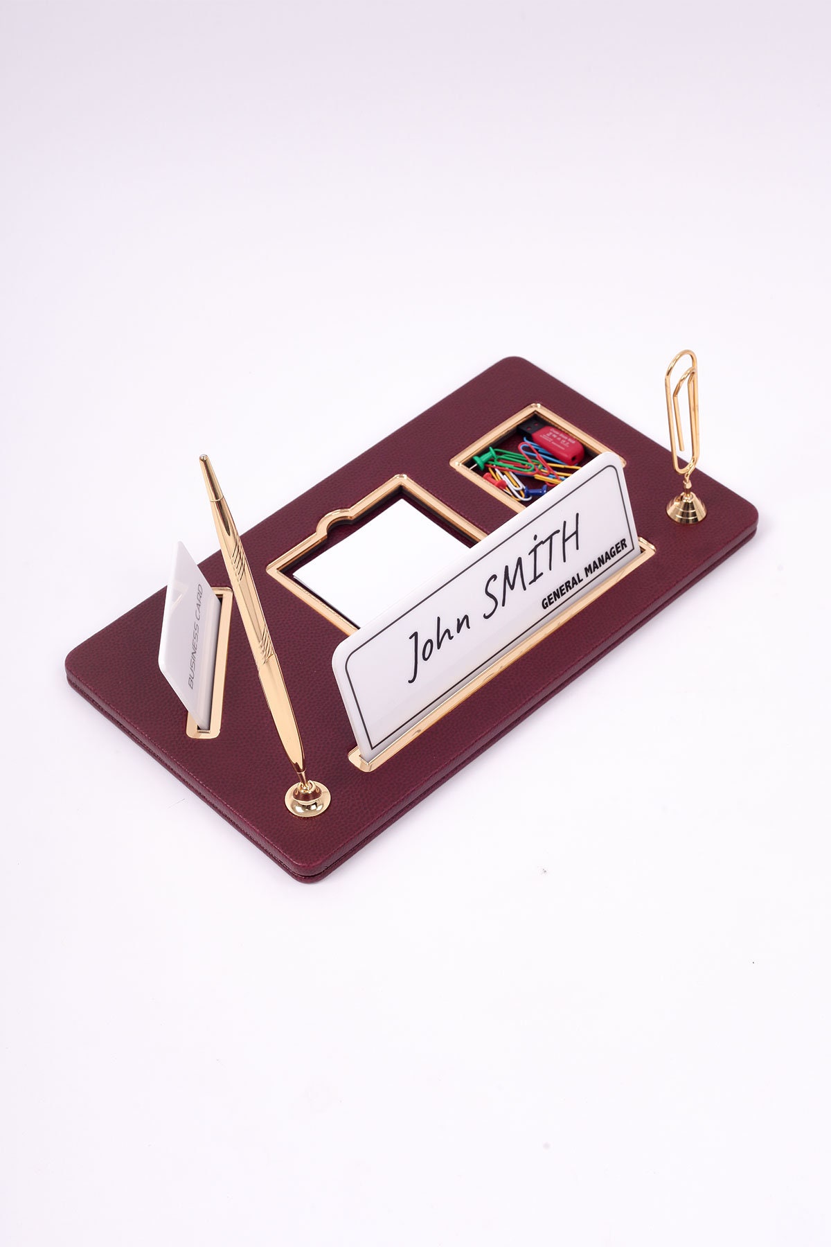 Personalized Desk Name Plate Maroon Leather Organizer Business Card