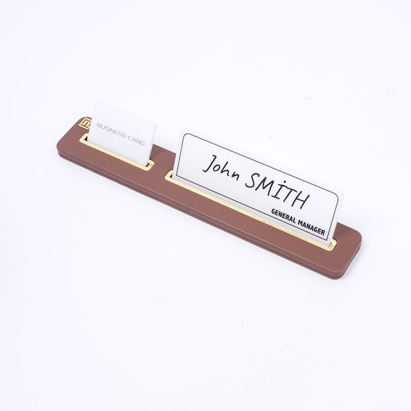 Leather Table Name Plate and Business Card Holder Tan / Office Gift / Customizable Secretary Name Plate / Minimalist Design