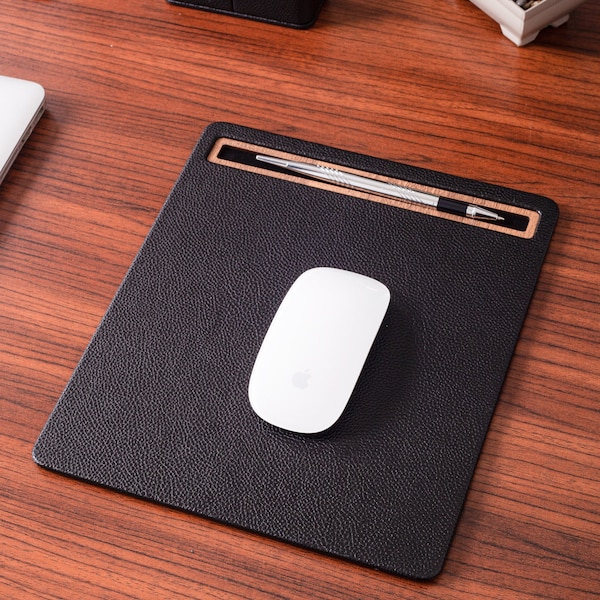 Leather Mouse Pad, Wooden Detail, Pen Holder, Three Different Uses, Personalized Mousepad