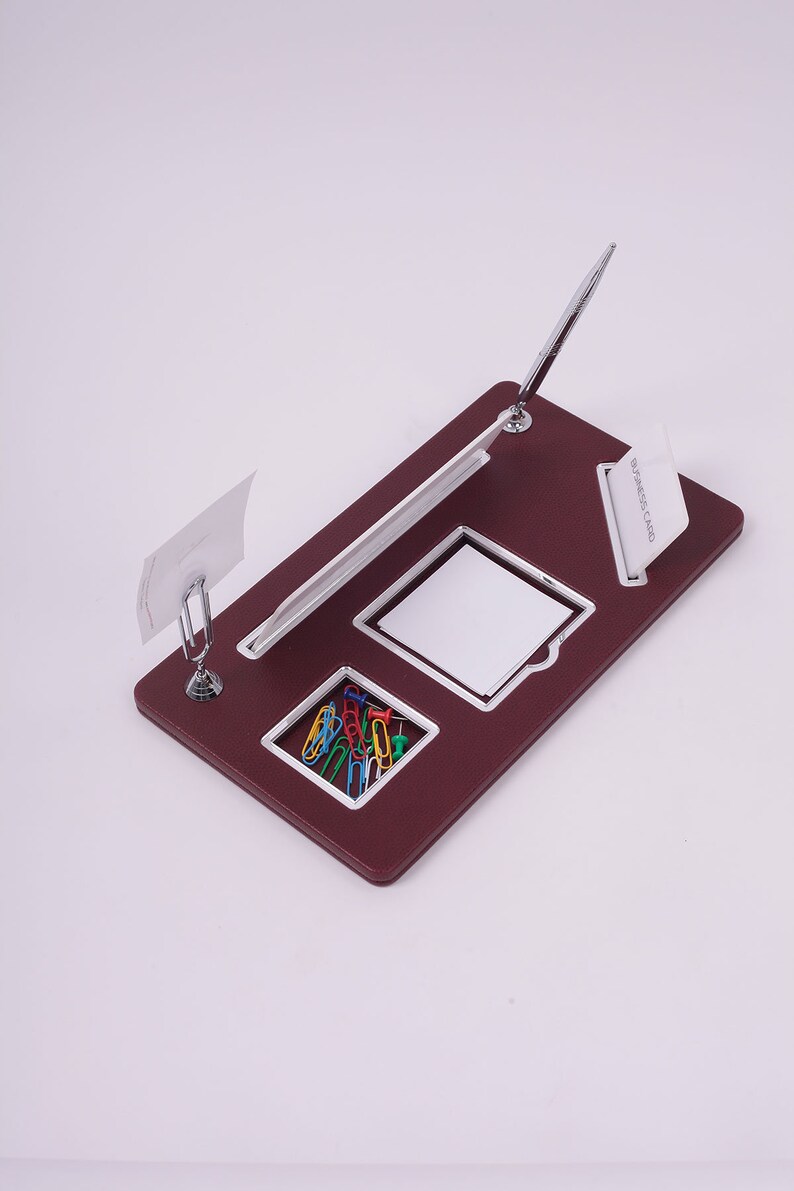 Personalized Desk Name Plate Maroon Leather Organizer Business Card