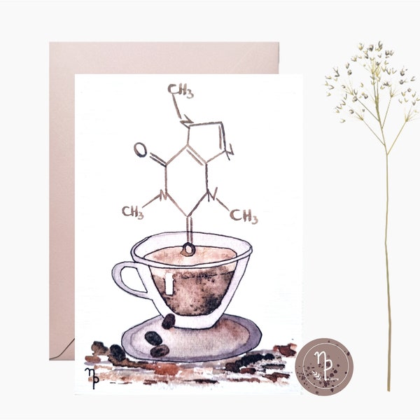 Kaffeekarte- Aquarell - Coffein Chemie - DIN A6 Klappkarte oder Postkarte