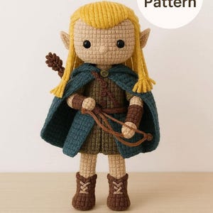 Virkmönster för älvbågskytt, amigurumi-älvdocka i PDF-format, fantasiälvmönster, virkmönster för dockor, skogsälvleksak, steg-för-steg-handledning