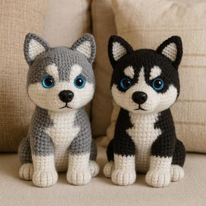 Husky dog Amigurumi Crochet Pattern – Realistic Sitting Dog 20 cm – PDF Tutorial in Italian & English – Grey/White and Black/White Variants