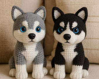 Husky dog Amigurumi Crochet Pattern – Realistic Sitting Dog – PDF Tutorial with photos step by step