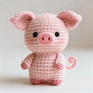 Könnte beinhalten: Ein handgehäkeltes, rosa Ferkel mit schwarzen Sicherheitsaugen, einer rosa Schnauze und rosafarbenen Wangen. Das Schwein hat kleine Arme und Beine und einen lockigen Schwanz. Die Ohren sind groß und schlaff. Das Schwein steht aufrecht.