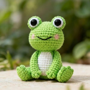 Può includere: Una rana all'uncinetto fatta a mano, nei toni del verde e del bianco. La rana ha grandi occhi neri e bianchi, guance rosa e una bocca sorridente. La rana è seduta con le zampe distese, mostrando il dettagliato lavoro all'uncinetto.
