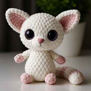 May include: A handmade white crochet cat plushie with pink detailing. The cat features large black eyes, pink inner ears, a pink nose, and pink paws. The tail is white with pink stripes. The plushie is sitting on a white surface.