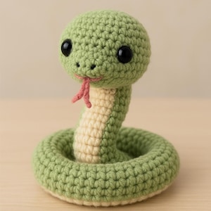 May include: A handmade crochet snake toy in shades of green and cream. The snake has large black eyes, a pink tongue, and is coiled. The toy is made of soft yarn, perfect for a child's room or as a decorative item.