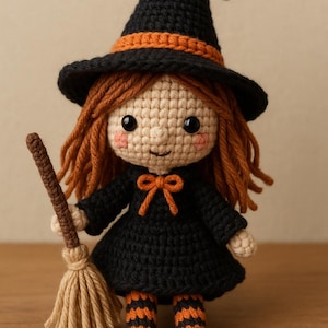 Può includere: Bambola di strega all'uncinetto fatta a mano con vestito nero, cappello e calzini a righe. La bambola ha i capelli arancioni, guance rosee e tiene una piccola scopa. Un'affascinante decorazione di Halloween.