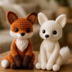 May include: Two crocheted fox figurines. One is orange with a white chest and brown accents. The other is white. Both have black eyes and are sitting on a wooden surface. The fox toys are handmade.