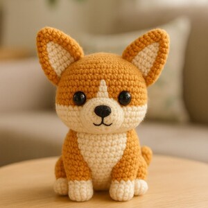 Può includere: Figurina di cane corgi all'uncinetto nei toni dell'arancione, bianco e nero. Il peluche fatto a mano ha grandi orecchie dritte, un petto bianco e occhi neri a bottone. È appoggiato su un tavolino di legno, mostrando la sua dettagliata lavorazione.