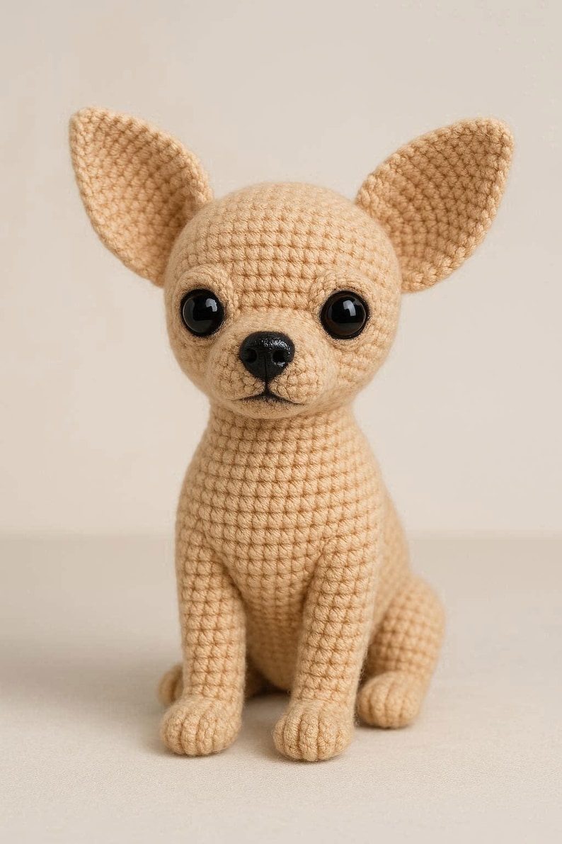 May include: A crocheted chihuahua dog figurine in a seated position. The dog is tan with large black eyes and a black nose. The ears are large and upright. The figurine is handmade and has a textured appearance.