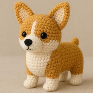 Può includere: Un cane corgi all'uncinetto fatto a mano con una combinazione di colori marrone e bianco. Il cane ha grandi orecchie dritte, un petto bianco e occhi neri. Il corgi è alto circa 15 cm.
