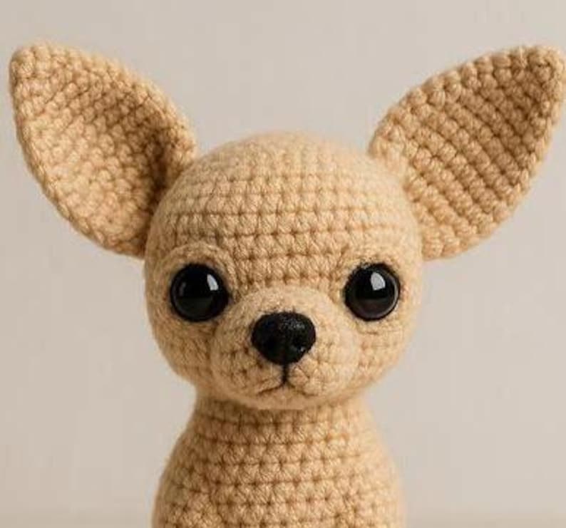May include: A crocheted chihuahua dog with large, black eyes and a black nose. The dog has large, upright ears and is made of tan yarn. The handmade dog is a cute, soft toy.
