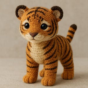 Può includere: Un cucciolo di tigre all'uncinetto, con strisce arancioni e nere. Il peluche ha grandi occhi scuri, un naso marrone e piccole orecchie arrotondate. La tigre è in piedi sulle quattro zampe, con una piccola coda e zampe dettagliate.