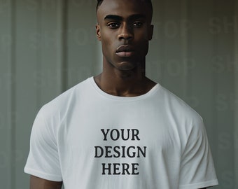 White Tshirt Mockup Black Man Fitted 35mm Photography Front of Shirt Mockup Model Mockup Trendy Mock White Colored Shirt Aesthetic Film