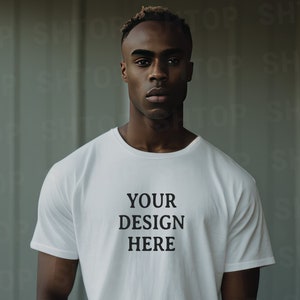 White Tshirt Mockup Black Man Fitted 35mm Photography Front of Shirt Mockup Model Mockup Trendy Mock White Colored Shirt Aesthetic Film