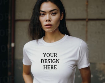 White Tshirt Mockup Asian Woman Fitted 35mm Photography Front of Shirt Mockup Model Mockup Trendy Mock White Colored Shirt Aesthetic Film