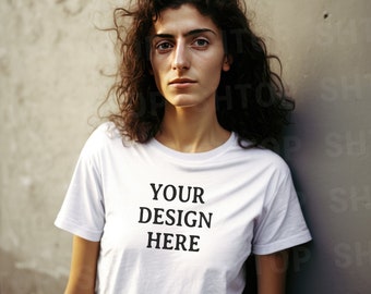 White Tshirt Mockup Italian Woman Fitted 35mm Photography Front of Shirt Mockup Model Mockup Trendy Diverse POC Female Aesthetic Film