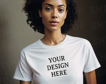 White Tshirt Mockup Black Woman Fitted 35mm Photography Front of Shirt Mockup Model Mockup Trendy Diverse POC Female Aesthetic Film