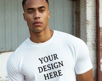 White Tshirt Mockup Black Man Fitted 35mm Photography Front of Shirt Mockup Model Mockup Trendy Mock White Colored Shirt Aesthetic Film