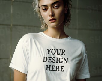 White Tshirt Mockup LGBTQ Queer Woman Fitted 35mm Photography Front of Shirt Mockup Model Mockup Trendy Diverse POC Female Aesthetic Film