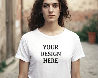 White Tshirt Mockup Italian Woman Fitted 35mm Photography Front of Shirt Mockup Model Mockup Trendy Diverse POC Female Aesthetic Film