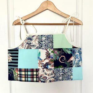 Patchwork Woven Crop Top With Ribbon Ties