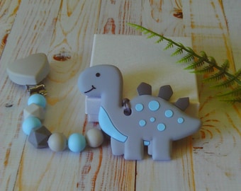 Gray Spotted Dinosaur Sensory Learning Set with Beaded Chain and Pacifier Clip ~  Baby Shower! - Pacifier Lanyard