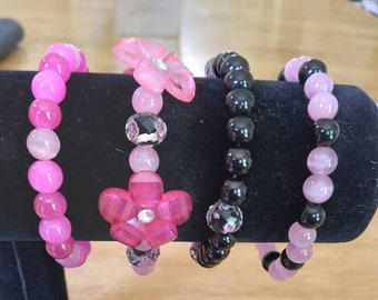 Handmade Pink and Black Set, beaded stretch bracelets, button bracelets, stack bracelets
