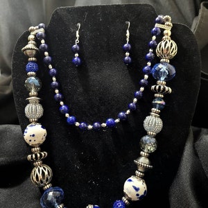 Handmade blue and silver jewelry set, beaded necklace, stretch bracelet, dangle earrings