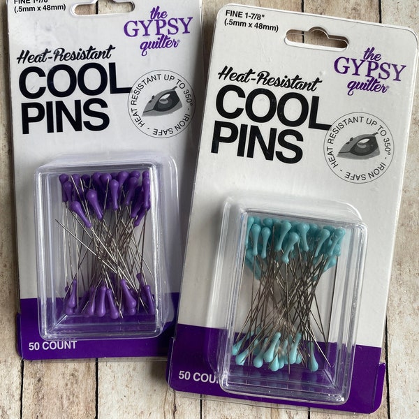 Gypsy Quilter COOL PINS, 2 colors, 50 pins, heat resistant pins, .5mm nearly 2" long, .5mm x 48mm sewing pins, quilting pins, ships fast