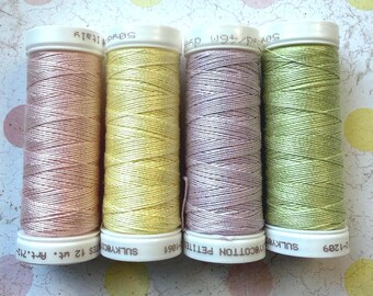 Sulky Petites, ClassicNeedle Bundle PASTELS 2 Solids Mix, Four 50 Yard Spools, Heavy 12wt Cotton Hand or Machine Embroidery Thread