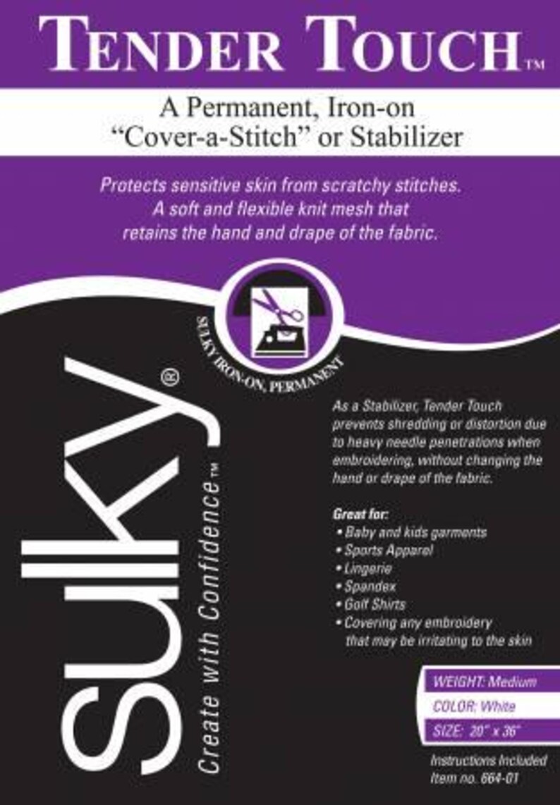 May include: A package of Tender Touch stabilizer, a permanent iron-on product. The packaging is primarily black and purple, with white text. The product is designed to protect sensitive skin from scratchy stitches and is 20" x 36".