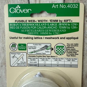 May include: A package of Clover fusible web tape, 10mm wide by 40 feet long, for fabric projects. The green and white packaging includes instructions for use with an iron and making lattice or meshwork. The product is useful for temporary bonding.