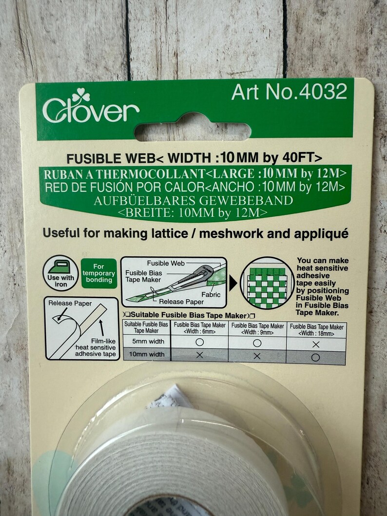May include: A package of Clover fusible web tape, 10mm wide by 40 feet long, for fabric projects. The green and white packaging includes instructions for use with an iron and making lattice or meshwork. The product is useful for temporary bonding.