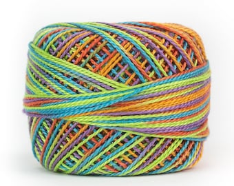 May include: A vibrant ball of yarn with a colorful array of threads. The yarn features a mix of bright colors, including green, blue, orange, purple, and yellow. The threads are tightly wound, creating a compact, textured appearance. This yarn is suitable for various crafting projects.