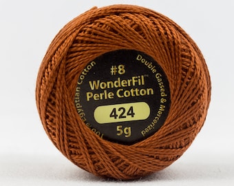 May include: A brown ball of size 8 WonderFil Perle Cotton thread with a label that reads "#8 WonderFil Perle Cotton 100% Egyptian Cotton Double Gassed & Mercerized 424 5g"
