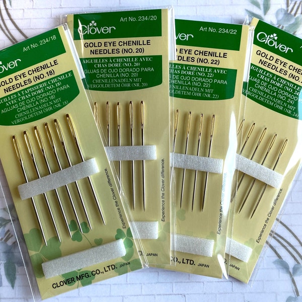 Clover Gold Eye CHENILLE Needles, Size 18 size 20 size 22 OR 24 Japanese Chenille Needles, One size or combo of all, yarn needle, Ships FAST